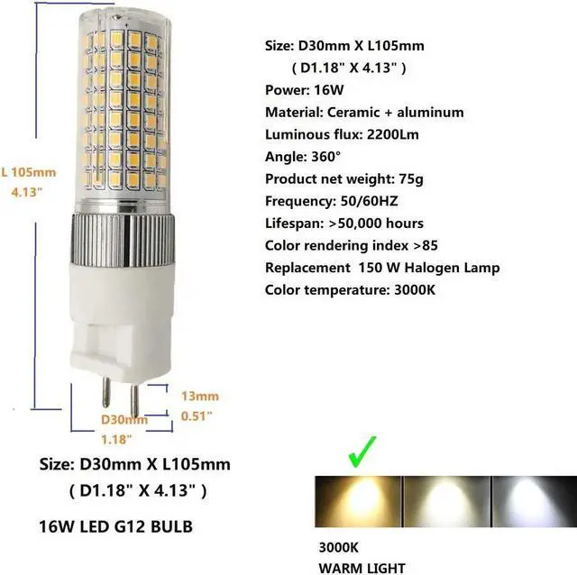 Alt view image 6 of 7 - QLEE G12 Light Bulb Led 16w 3000k Warm White G12 Light Bulb Replacement 35 Watt Metal Halide Lamp 2 Pin Garage Light Factory Led Bulb Warehouse Light 1 PACK