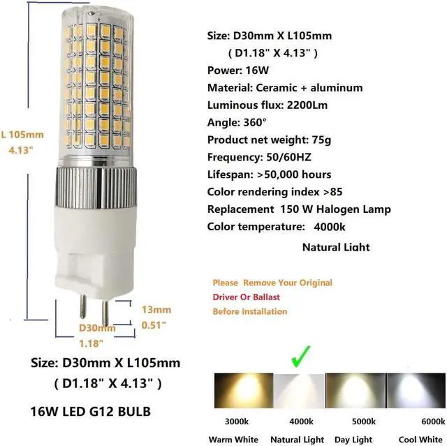Alt view image 4 of 7 - QLEE G12 Led Lights 16w Ceramic Corn Light G12 Led Bulb 4000k Natural White Equivalent 200 Watt Incendescent Lamp Halogen Bulb 2 Pin Ceilling Light Downlight Shopping Mall Light 1 PACK