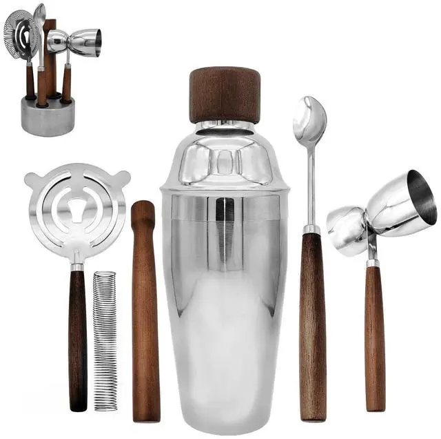 Main image of QLEE 6 PCS Bar Tool Set Stainless Steel Cocktail Shaker Kit With Muddler, Double Jigger, Mixing Spoon, Strainer & Matte Round Stand Bartender Essentials Barware For Home Bar Party & Celebration