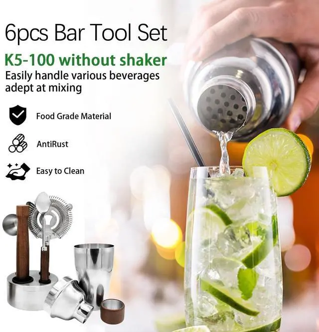 Alt view image 4 of 7 - QLEE 6 PCS Bar Tool Set Stainless Steel Cocktail Shaker Kit With Muddler, Double Jigger, Mixing Spoon, Strainer & Matte Round Stand Bartender Essentials Barware For Home Bar Party & Celebration