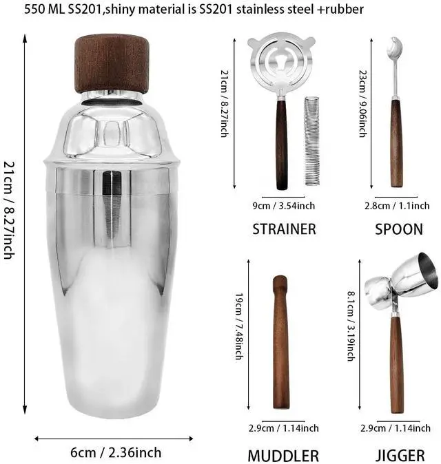 Alt view image 2 of 7 - QLEE 6PCS Bartending Set With 550ml Cocktail Shaker Muddler Double Jigger Bar Spoon Strainer & Matte Stand Stainless Steel Barware Tools For Home & Professional Cocktail Mixing Party Club Pub