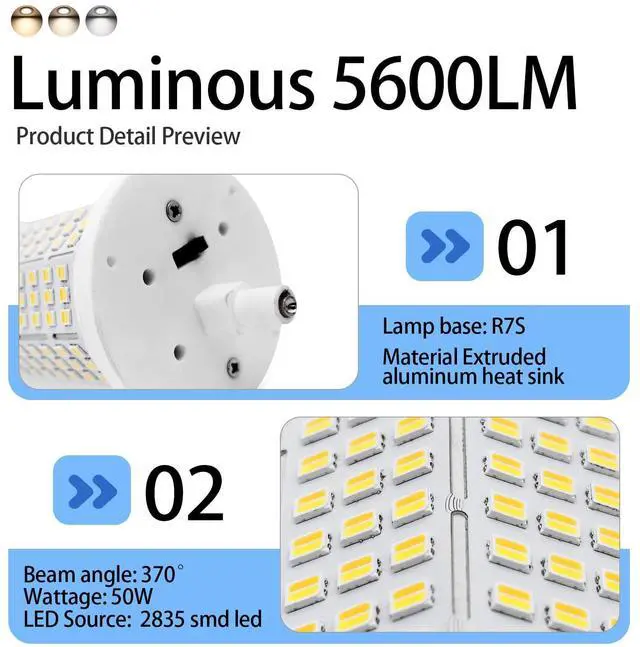 Alt view image 4 of 7 - QLEE R7S LED Bulb 50W 118mm Floodlight 3CCT Adjustable Color Temperature 3000K/4000K/6000K 5600LM Brightness Halogen Replacement for 300W-500W R7S Bulbs Floor Standing Light