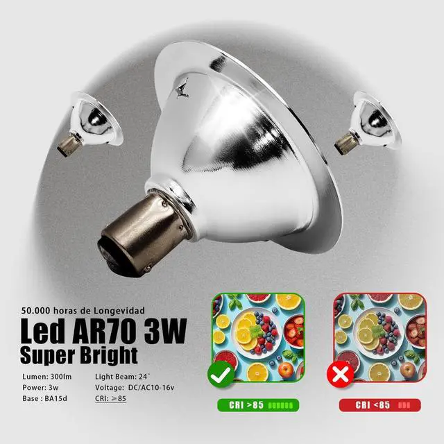 Alt view image 3 of 7 - QLEE 2 Pack Led Ar70 Reflector Light 3w Ac Dc 12v Ba15d Base 2700k Warm White Spotlight Equivalent 25w Halogen Bulbs Indoor Outdoor Home Office Commercial Track Lamp 24°Beam