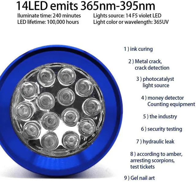 Alt view image 5 of 7 - QLEE Led UV Flashlight Torch 14leds Mini Portable Ultraviolet Lamp 365nm-395nm Gel Nail Curing Uv Light Linterna Lampe Torche Adhesive Flashlight Ultraviolet Lamps (1 Pack)