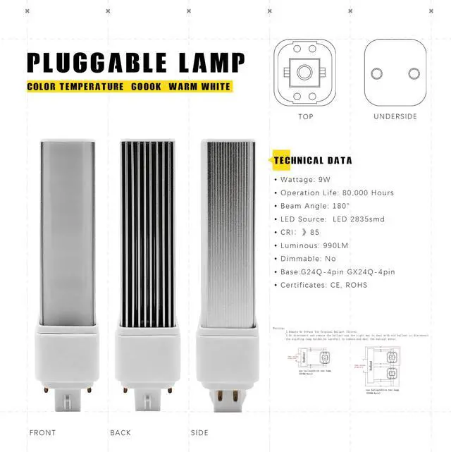 Alt view image 4 of 7 - QLEE Gx24q 4pin light bulb Retrofit GX24 LED PL-C Recessed Lamp Replacement Conventional 18W 4P G24Q-2 Gx24q-3 G24q-1 1400 Lm 314° RotateG24q Green bathroom Bulb 6000k 2 Pack Bypass Ballast