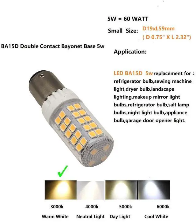 Alt view image 2 of 6 - QLEE LED Sewing Machine Bulb BA15D Double Contact Bayonet Base 5w 600lm Refrigerator Light Replacement 60 Watt S6 C7 Bulb T3 T4 JD Type Chandelier Light 120v Warm White 4PCS