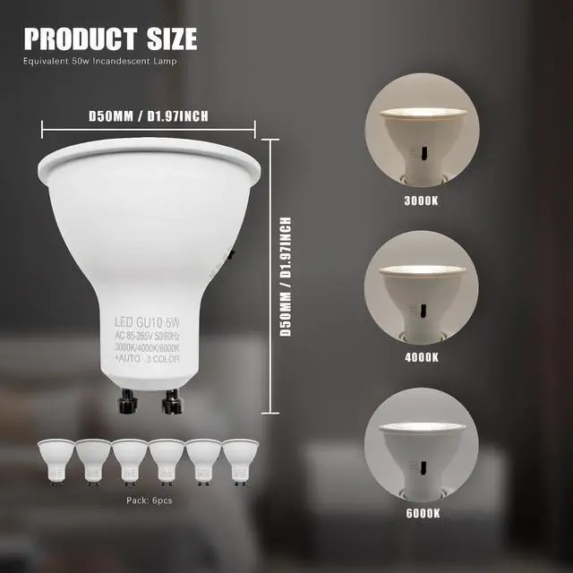 Alt view image 3 of 7 - QLEE Gu10 Led Bulbs Spotlight 3cct Selectable 50w Equivalent Non-dimmable Reflector 60° Beam Angle 6000k 4000k 3000k 2-pin Gu10 Base 5w 600lm For Led Recessed Track Lighting, 6 Pack