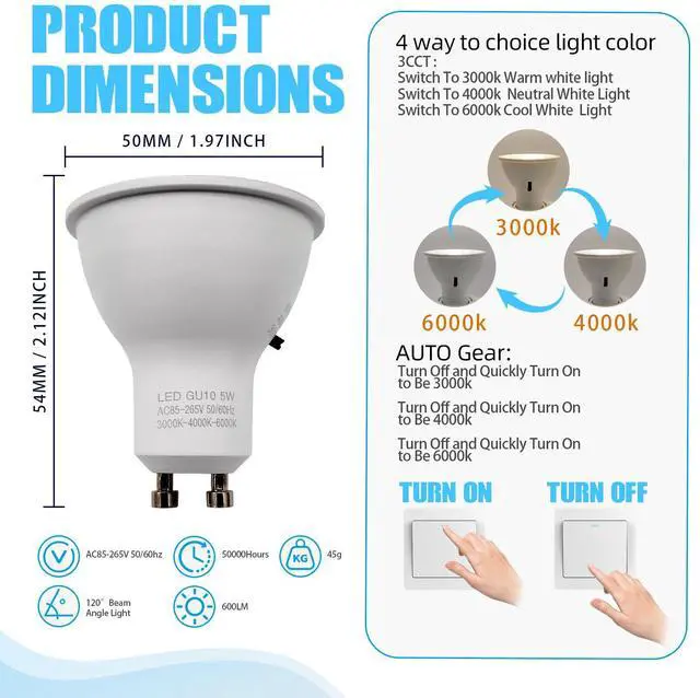 Alt view image 4 of 7 - QLEE 5w Mr16 3cct Led Bulbs 3cct Selectable 50w Equivalent Non-dimmable 60° Narrow Spot Light Beam 6000k 4000k 3000k Gu10 Base For Spotlights Recessed Lighting Closet Track Lights, 6 Pack