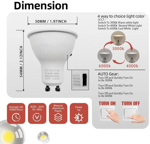 Alt view image 3 of 7 - QLEE Mr16 Led Bulb 3cct Dimmable 50w Equivalent Narrow 60° Beam Selectable Color Temperature 3000k 4000k 6000k Gu10 Base For Recessed Track Lighting Display Vanity, 6 Pack