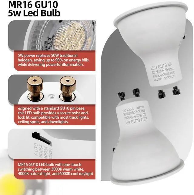 Alt view image 4 of 7 - QLEE Mr16 Led Bulb 3cct Dimmable 50w Equivalent Narrow 60° Beam Selectable Color Temperature 3000k 4000k 6000k Gu10 Base For Recessed Track Lighting Display Vanity, 6 Pack