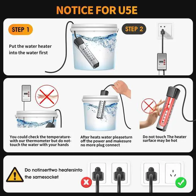 Alt view image 6 of 6 - Water Heater, Pool Heater, Immersion Bucket Water Heater, Submersible Water Heater 304 Stainless Steel Guard with Controller, Pool Heater for Above Ground Pool to Heat 5 Gallons of Water in Minutes