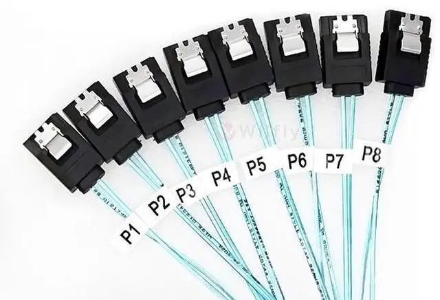 Alt view image 3 of 3 - SS86548I8SM1 Slim SAS 4.0 SFF-8654 8i 74Pin to 8 x SATA 7Pin Female Straight with Locking Latch 12Gbps Cable
