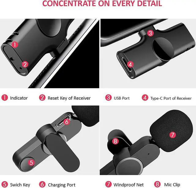 Alt view image 4 of 7 - Wireless Clip Mic, Wireless Lavalier Microphones Lapel Clip-on Microphone for Smartphone, Laptop Video Recording, Tiktok, Facebook Live Comments YouTube Live Stream With Adapter