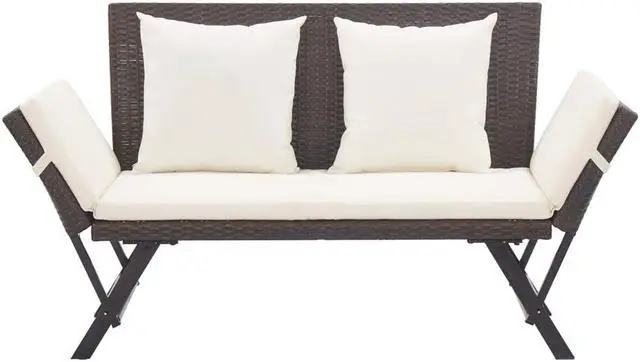 Alt view image 13 of 15 - vidaXL Patio Bench with Adjustable Armrest and Cushions Brown Poly Rattan