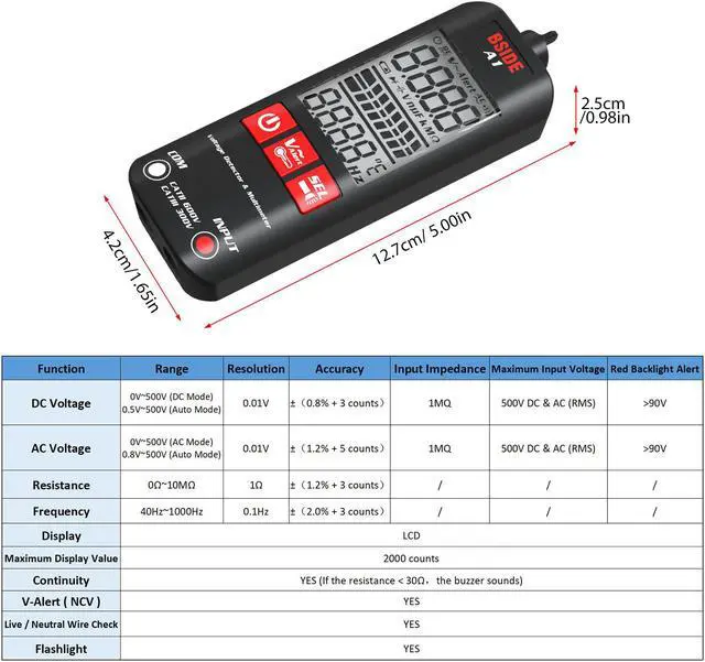 Alt view image 7 of 7 - BSIDE A1 Mini Multimeter LCD Digital Tester Voltage Detector 2000 Counts DC/AC Voltage Frequency Resistance NCV Continuity Live Wire Neutral Wire Check True RMS Meter