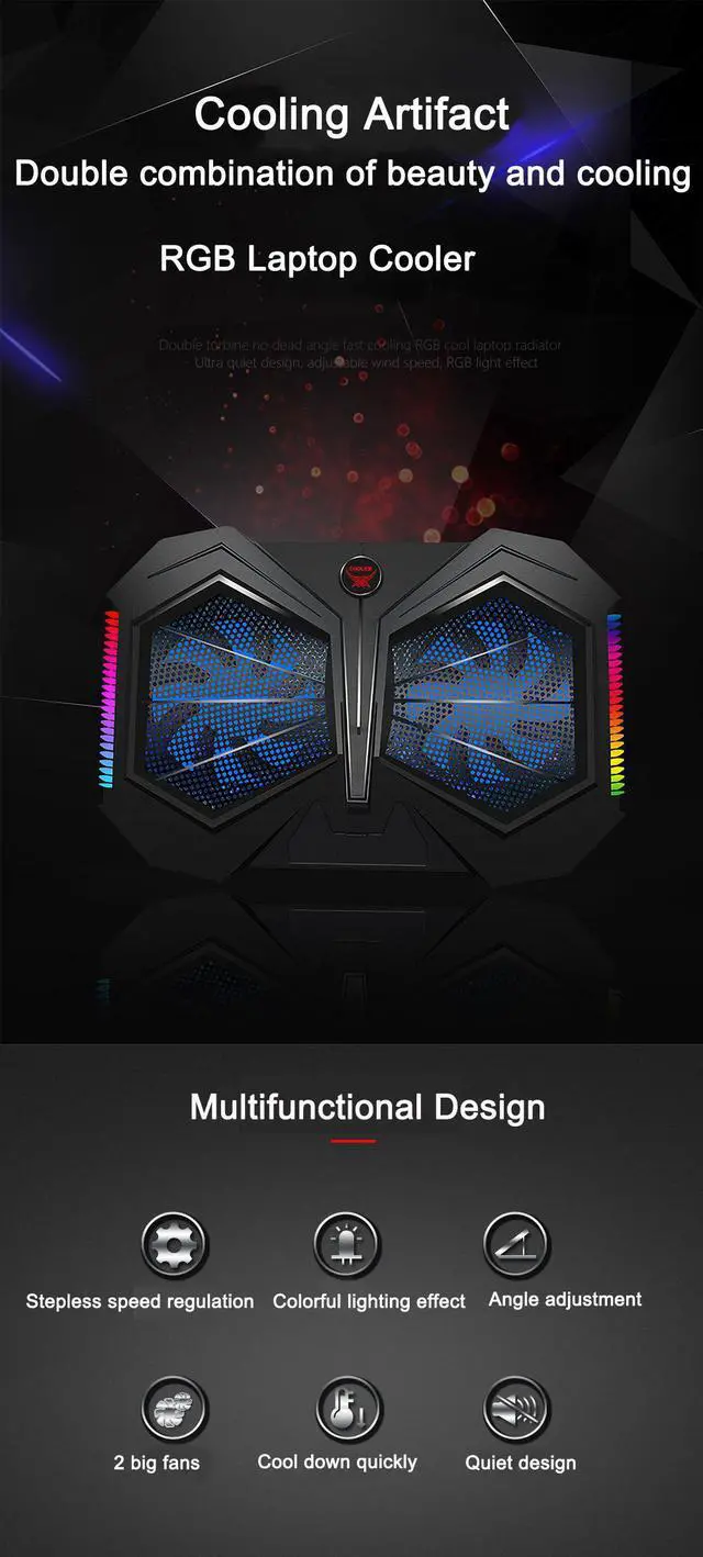 Alt view image 2 of 7 - RGB Laptop Cooling Cooler Fan Pad Gaming Laptops Radiator Cooling Stand, Double Quiet high Speed Turbine Large air Volume USB Laptop Heavy Cooler,Suitable for 12-16inch laptops, 4 Heights, Colorful