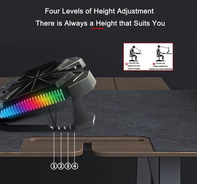 Alt view image 5 of 7 - RGB Laptop Cooling Cooler Fan Pad Gaming Laptops Radiator Cooling Stand, Double Quiet high Speed Turbine Large air Volume USB Laptop Heavy Cooler,Suitable for 12-16inch laptops, 4 Heights, Colorful