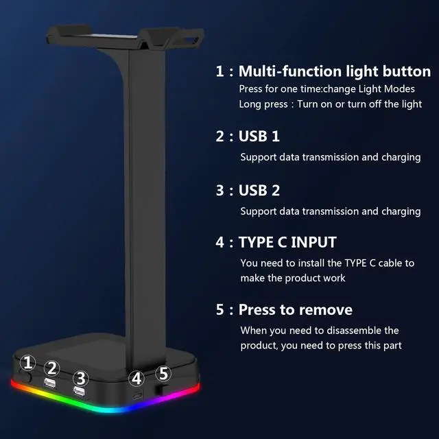 Alt view image 5 of 7 - RGB Gaming Headset Stand Holder RGB Surround Sound Headphone Earphones Stand Holder Hanger Hook with USB Charger Desk Bracket Headphone Holder Display Shelf for Gamers Gaming PC Universal