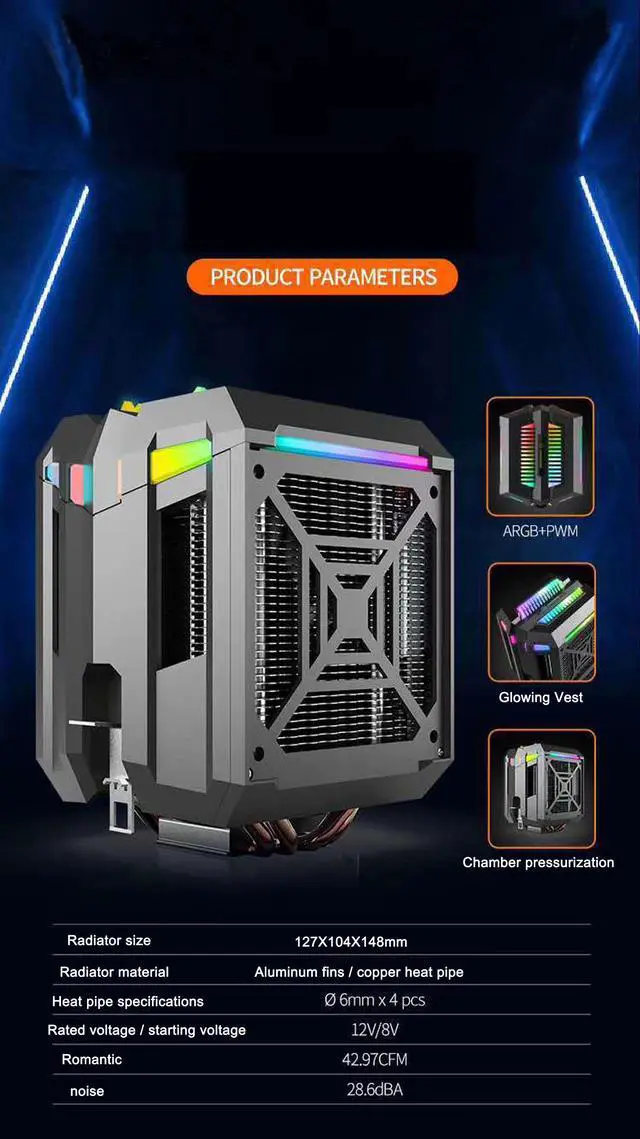 Alt view image 2 of 7 - CPU Cooler ARGB,Air Cooler,42.97CFM,4 Copper Heatpipes ARGB Sync PC for AMD FM2/AMD4/Intel LGA2066/1151/2011-3, 127mm ARGB PWM Fan Blade,Computer Tower CPU Radiator PWM Temperature Control Silent Fan