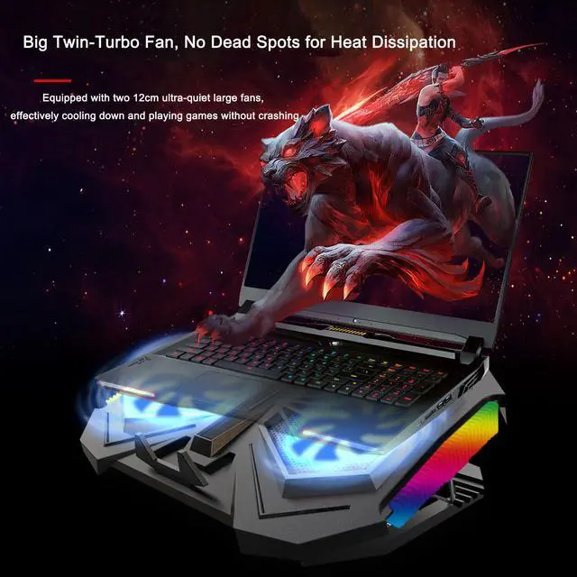 Alt view image 4 of 7 - RGB Laptop Cooling Cooler Fan Pad Gaming Laptops Radiator Cooling Stand, Double Quiet high Speed Turbine Large air Volume USB Laptop Heavy Cooler,Suitable for 12-16inch laptops, 4 Heights, Colorful