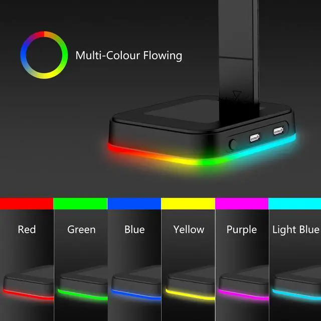 Alt view image 4 of 7 - RGB Gaming Headset Stand Holder RGB Surround Sound Headphone Earphones Stand Holder Hanger Hook with USB Charger Desk Bracket Headphone Holder Display Shelf for Gamers Gaming PC Universal