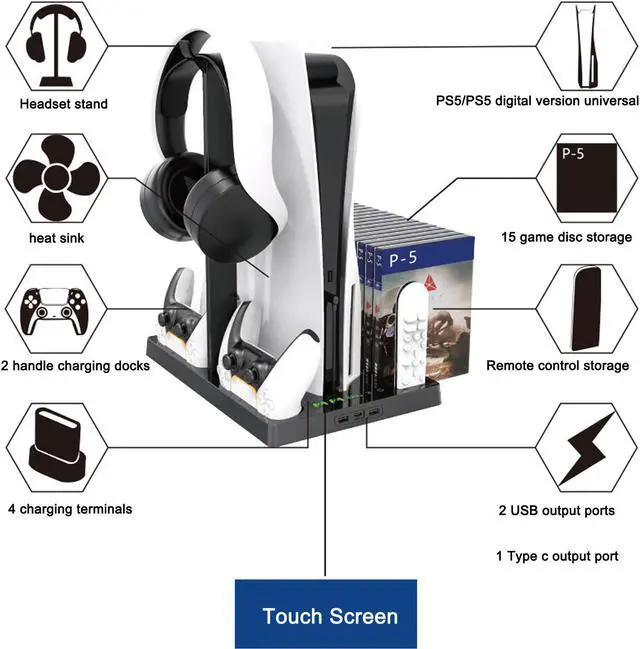 Alt view image 2 of 6 - Vertical Stand with Headset Holder and Cooling Fan Base for PS5 Console & Playstation 5 Accessories, 1 Headphone Stand, 2 Controller Chargers, 15 Game Disc Slots and 1 Media Remote Organizer