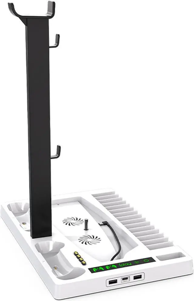 Alt view image 6 of 6 - Vertical Stand with Headset Holder and Cooling Fan Base for PS5 Console & Playstation 5 Accessories, 1 Headphone Stand, 2 Controller Chargers, 15 Game Disc Slots and 1 Media Remote Organizer