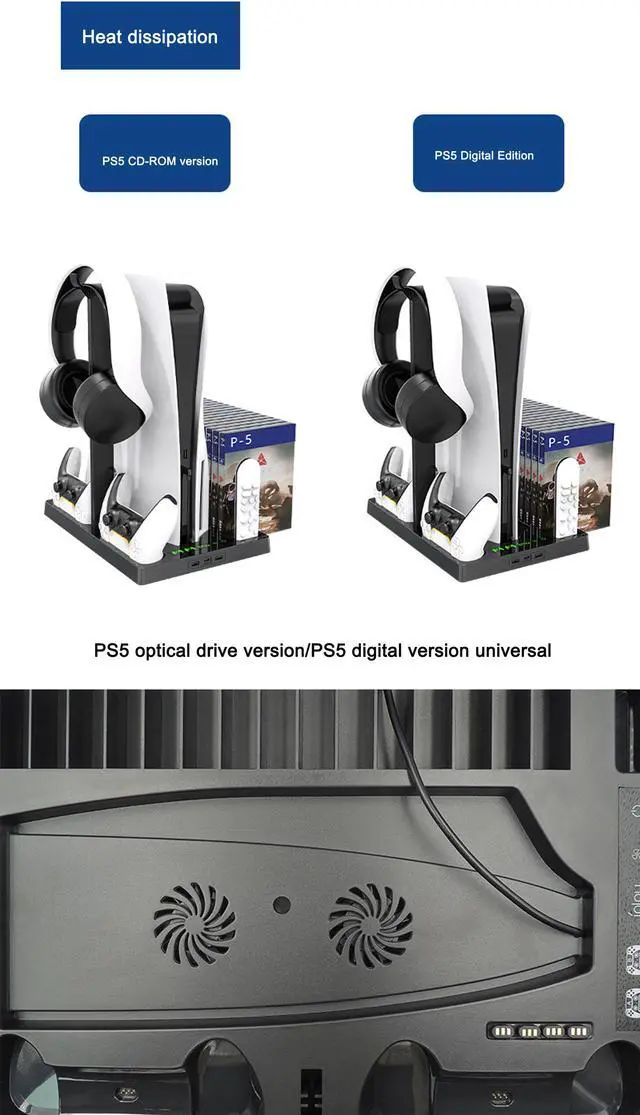 Alt view image 3 of 6 - Vertical Stand with Headset Holder and Cooling Fan Base for PS5 Console & Playstation 5 Accessories, 1 Headphone Stand, 2 Controller Chargers, 15 Game Disc Slots and 1 Media Remote Organizer
