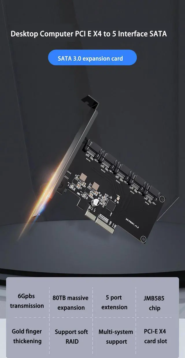 Alt view image 2 of 7 - PCIe SATA Card PCIE to 5 Port SATA 3.0 6Gps computer desktop chassis adapter card solid state mechanical hard disk adapter box Support 5 SATA 3.0 Devices Built-in Adapter Converter for Desktop PC