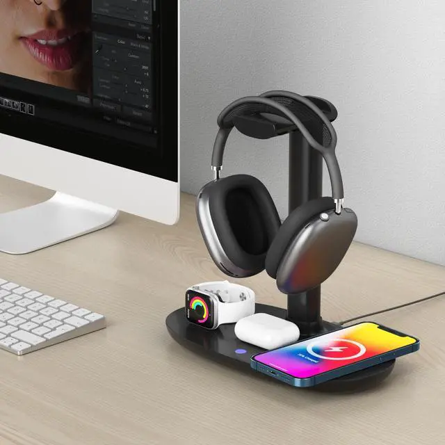 Alt view image 2 of 7 - 4 in 1 Wireless Charger 15W and Headphones Stand Holder Qi Fast Wireless Charging Station for AirPods/Apple Watch Series/iPhone 12/11/11 pro/11 Pro Max/XS/XS Max/XR/8/8 Plus/SE,Charging Dock Wireless