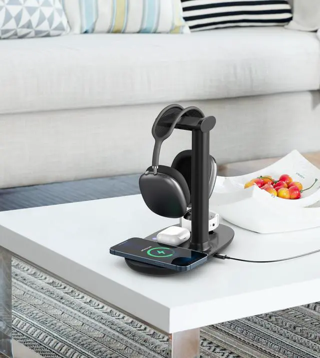Alt view image 3 of 7 - 4 in 1 Wireless Charger 15W and Headphones Stand Holder Qi Fast Wireless Charging Station for AirPods/Apple Watch Series/iPhone 12/11/11 pro/11 Pro Max/XS/XS Max/XR/8/8 Plus/SE,Charging Dock Wireless