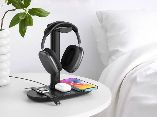 Alt view image 4 of 7 - 4 in 1 Wireless Charger 15W and Headphones Stand Holder Qi Fast Wireless Charging Station for AirPods/Apple Watch Series/iPhone 12/11/11 pro/11 Pro Max/XS/XS Max/XR/8/8 Plus/SE,Charging Dock Wireless