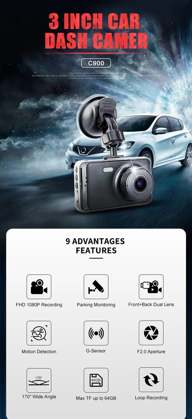 Alt view image 2 of 7 - Dash Cam Car DVR Car Dashboard Camera 1080P FHD DVR Dash Cam Recorder 3" LCD Screen Double Camera 170° Wide Angle Super Night Vision, G-Sensor,Parking Monitor, Loop Recording, Motion Detection