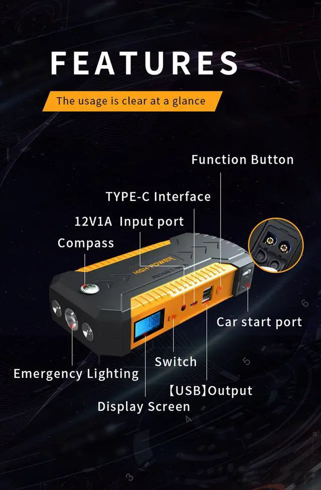 Alt view image 5 of 7 - Car Jump Starter with LCD Display,12V AUTO Battery Booster, 600A Peak 20000mAh,for Car Truck SUV( up to 6.0L Gas, 3.0L Diesel Engine),Car Emergency Starting Power,Portable Power Bank Charge with USB