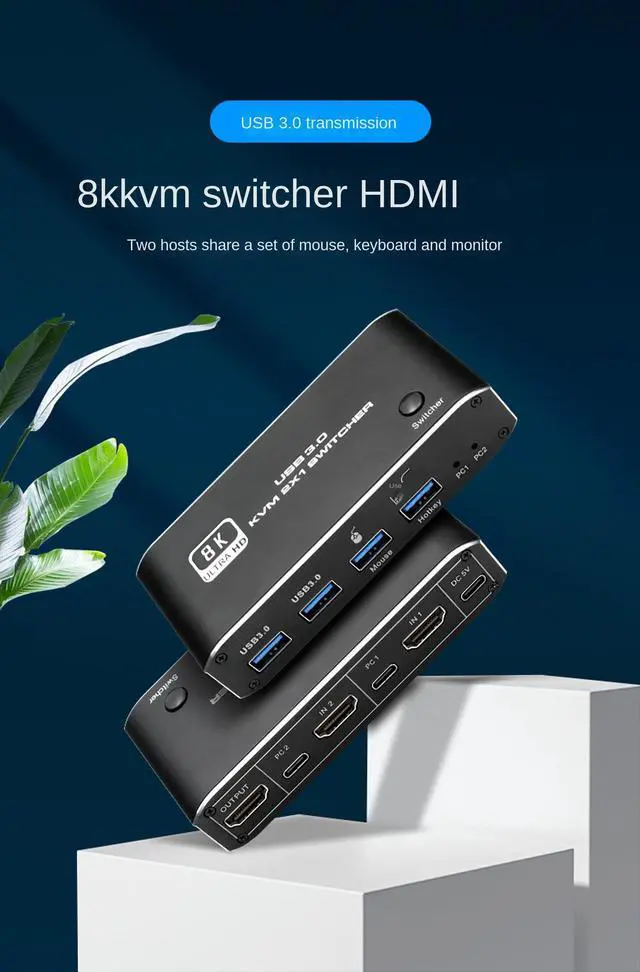 Alt view image 2 of 7 - KVM Switch HDMI 2 Port,8K USB Switch 2x1 HDMI2.1 Ports + 4X USB3.0 KVM Ports, Share 2 Computers one Monitor Switch,Supports 8K 60Hz,4K 120Hz,YUV 4:4:4, HDCP 2.3, HDR 10, Hotkey, Darkish,Computer,Lapto