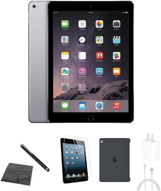 Apple iPad Air 2 A1567 (WiFi + Cellular Unlocked) 128GB Space Gray Bundle  w/ Case, Tempered Glass, Stylus, Charger