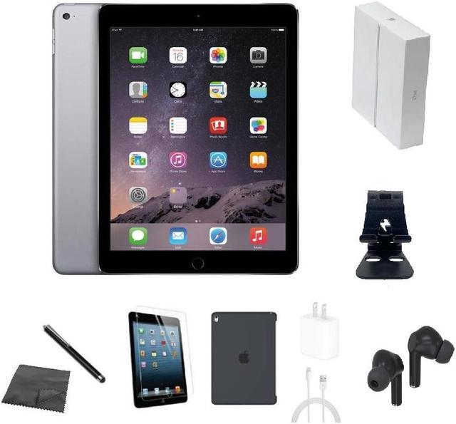 Apple iPad Air 2 A1567 (WiFi + Cellular Unlocked) 128GB Space Gray Bundle  w/ Case, Box, Bluetooth Earbuds, Tempered Glass, Stylus, Stand, Charger
