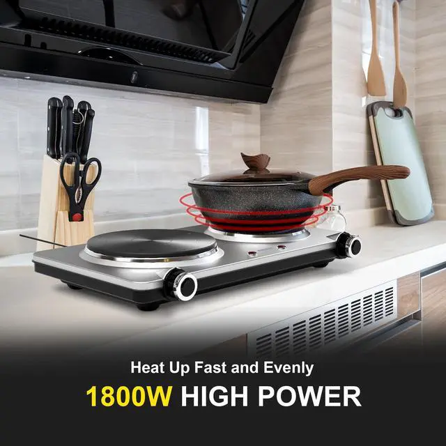 Alt view image 2 of 6 - GIVENEU Electric Double Burner Hot Plate for Cooking, 1800W Portable Electric Stove, 6 Speed Adjustable Thermostats, Stainless Steel Hot Plate for Kitchen, Dorm and Camping