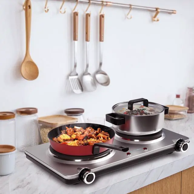 Alt view image 5 of 6 - GIVENEU Electric Double Burner Hot Plate for Cooking, 1800W Portable Electric Stove, 6 Speed Adjustable Thermostats, Stainless Steel Hot Plate for Kitchen, Dorm and Camping