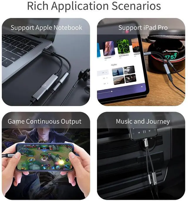 Alt view image 3 of 7 - Subynanal USB c to 3.5mm Headphone and Charger Adapter,2 in-1 USB C PD 3.0 Charging Port to Aux Audio Jack and Fast Charging Dongle Cable Cord (2 Ports-Gray)