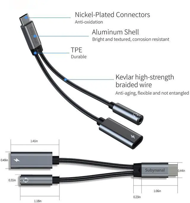 Alt view image 7 of 7 - Subynanal USB c to 3.5mm Headphone and Charger Adapter,2 in-1 USB C PD 3.0 Charging Port to Aux Audio Jack and Fast Charging Dongle Cable Cord (2 Ports-Gray)