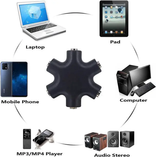 Alt view image 2 of 6 - Headphone Splitter - 5-Jack 3.5mm Audio Stereo Adapter for Headsets, Earbuds, Earphones - 1 Male to 4 Female With Stereo Cable
