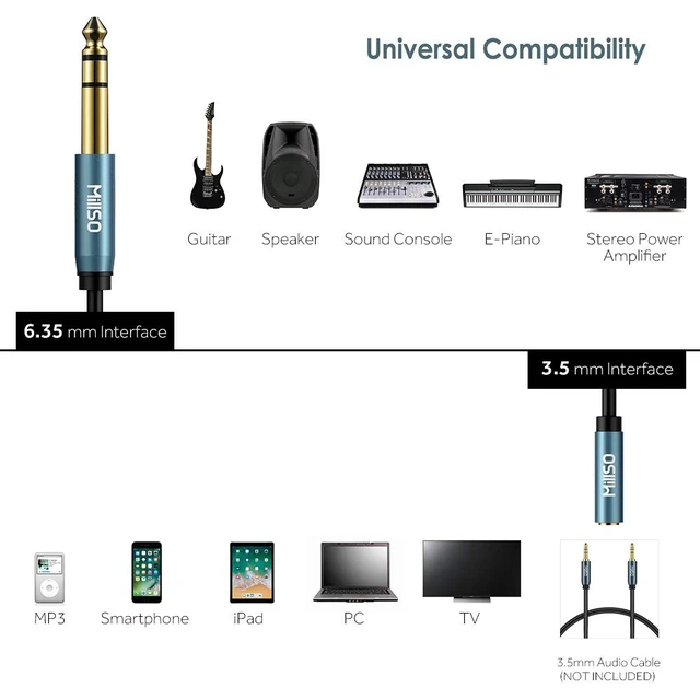 Alt view image 4 of 7 - 1/4 to 3.5mm Headphone Adapter 6.6 FT TRS 1/4 Male to 1/8 Female 6.35mm to 3.5mm Stereo Audio Jack Adapter for Amplifiers, Guitar Amp, Keyboard Piano, Home Theater, Headphone, Smartphone, PC