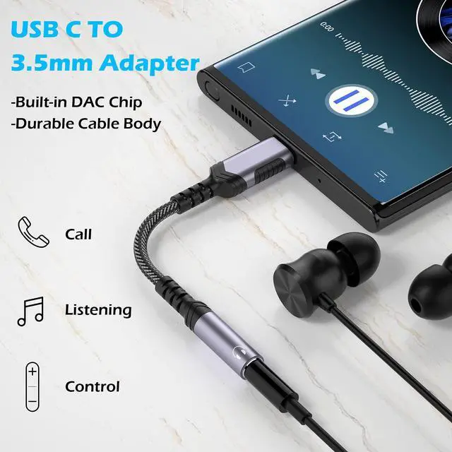 Alt view image 2 of 7 - USB C to 3.5mm Audio Headphones Adapter for Samsung S26 S25 S24 S23 S22 S21 S20 Plus for Galaxy Note 20 Ultra, DAC Type C to Aux Earphones Dongle for iPhone 17 17e Air 16 16e 15 Pro Max Grey