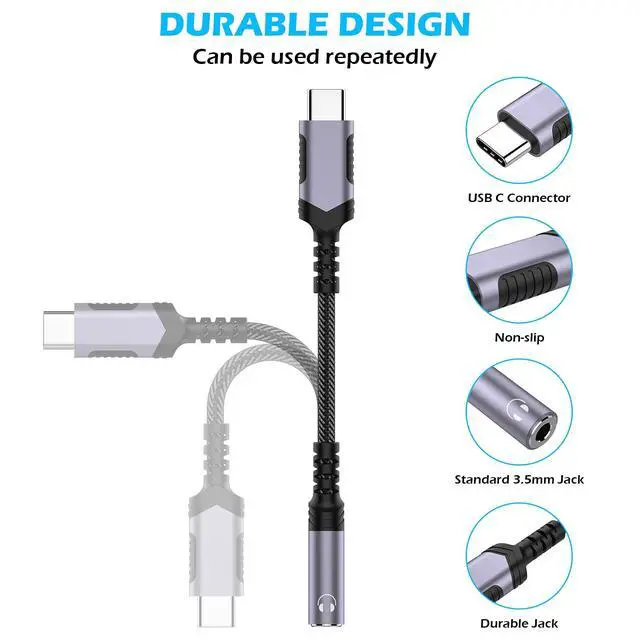 Alt view image 4 of 7 - USB C to 3.5mm Audio Headphones Adapter for Samsung S26 S25 S24 S23 S22 S21 S20 Plus for Galaxy Note 20 Ultra, DAC Type C to Aux Earphones Dongle for iPhone 17 17e Air 16 16e 15 Pro Max Grey