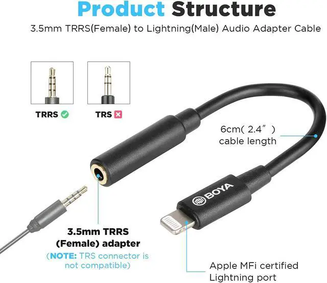 Alt view image 2 of 7 - by-K3 Female 3.5mm TRRS Microphone Adapter Cable to MFi Certified Lightning Connector Dongle, Headphones Adapter for iPhone 12 Mini 12 Pro Max 11 Pro Max X XR XS iPhone 7 7P 8 8P