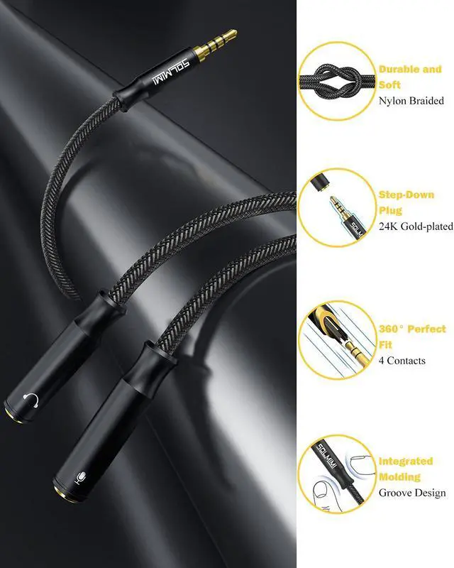 Alt view image 3 of 7 - Headphone Mic Splitter, 3.5mm TRRS Splitter with Separate Headphone and Mic Jack, 3.5mm Combo Audio Adapter 2 Female to 1 Male Compatible to Xbox One Smartphone PC Tablet Ps4 Gaming-10 inch