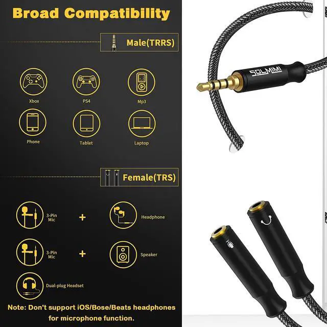 Alt view image 4 of 7 - Headphone Mic Splitter, 3.5mm TRRS Splitter with Separate Headphone and Mic Jack, 3.5mm Combo Audio Adapter 2 Female to 1 Male Compatible to Xbox One Smartphone PC Tablet Ps4 Gaming-10 inch