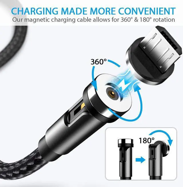 Alt view image 2 of 7 - Terasako Magnetic Charging Cable 5-Pack (3/3/6/6/10FT) - 540° Rotating Magnetic Phone Charger Cable with LED Light - 90° Angle Connector, Nylon-Braided Cords (Black)