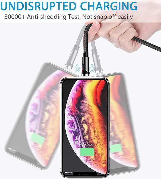 Alt view image 4 of 7 - Terasako Magnetic Charging Cable 5-Pack (3/3/6/6/10FT) - 540° Rotating Magnetic Phone Charger Cable with LED Light - 90° Angle Connector, Nylon-Braided Cords (Black)